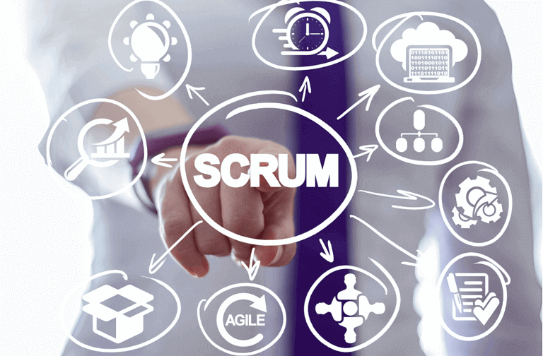 Businessman clicks a scrum word button on a virtual panel. Scrum Development Process Business concept. Scheme of Agile Methodology.