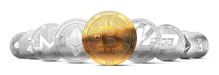 Buy ifferent types of cryptocurrency in the UK, Bitcoin in the centre Golden coloured