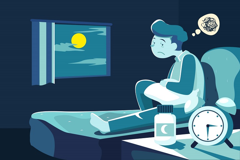 Depressed person with insomnia, vector illustration